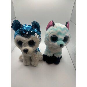 Ty Slush & Atlas Plush Husky & Cat Set With Sequins & Big Eyes